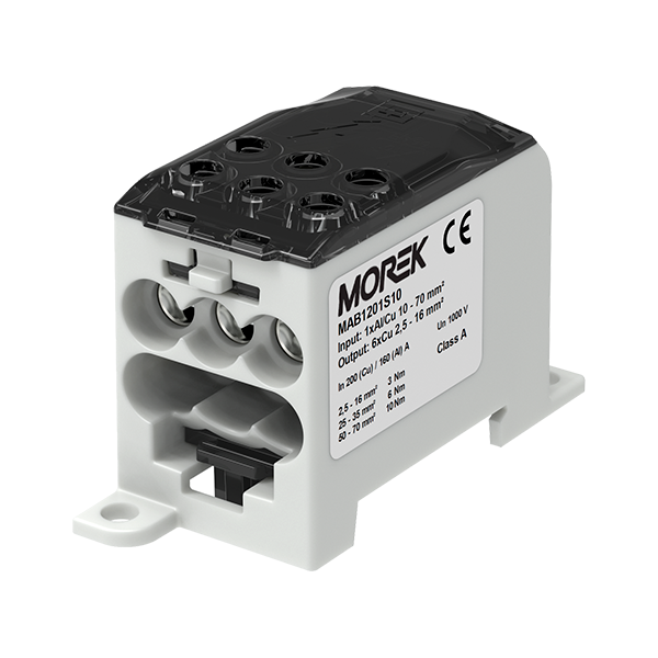 Répartiteur unipolaire OJL200A noir entrée 1xAl/Cu70 sortie 6xCu 16mm² – MOREK MAB1201S10