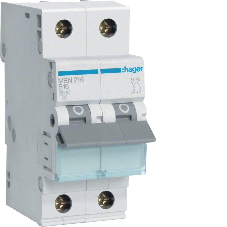 Disjoncteur 2P, 6 kA B-16 A, 2M – Hager MBN216