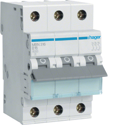 Disjoncteur 3P, 6 kA B-16 A, 3M – Hager MBN316