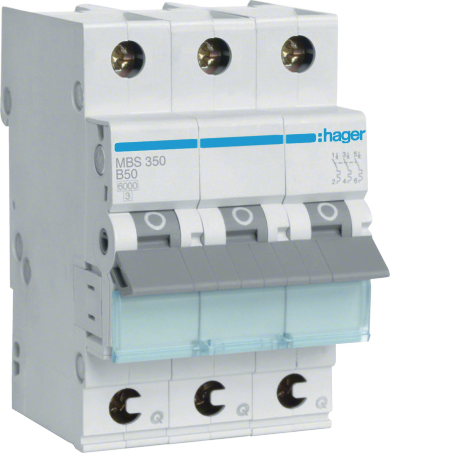 Disjoncteur miniature 3P, 6 kA B-50 A rapide connexion, 3M – Hager MBS350