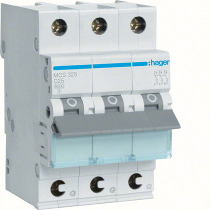 Disjoncteur miniature 3P, 25 A C, 6 kA rapide connexion – Hager MCS325