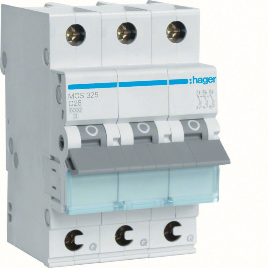 Disjoncteur miniature 3P, 25 A C, 6 kA rapide connexion – Hager MCS325