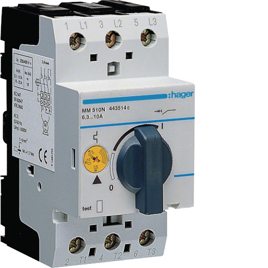Disjoncteur moteur 6.3-10.0 A P = 2.2-4 kW AC3 230-400 V 2.5 M IEC 947 – Hager MM510N