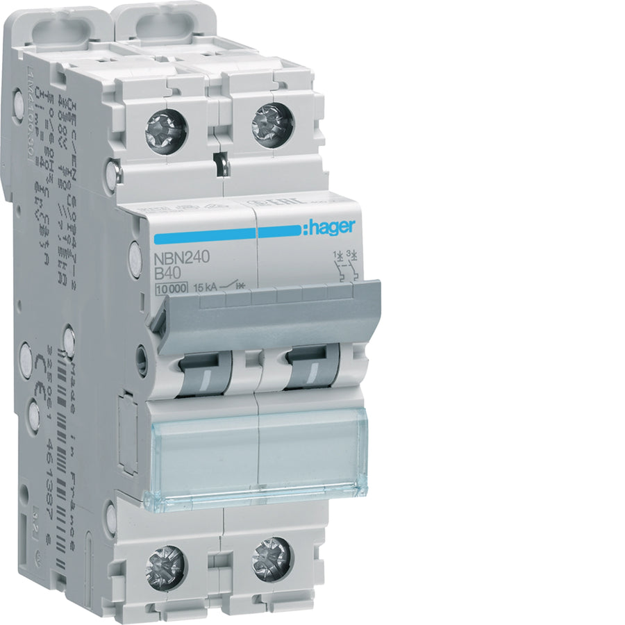 Disjoncteur miniature 2P, 10 kA/15 kA B-40 A, 2M – Hager NBN240