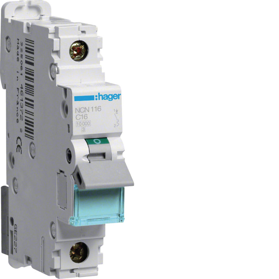 Disjoncteur miniature 1P courbe C, 16 A, 10 kA, 15 kA 1 module – Hager NCN116