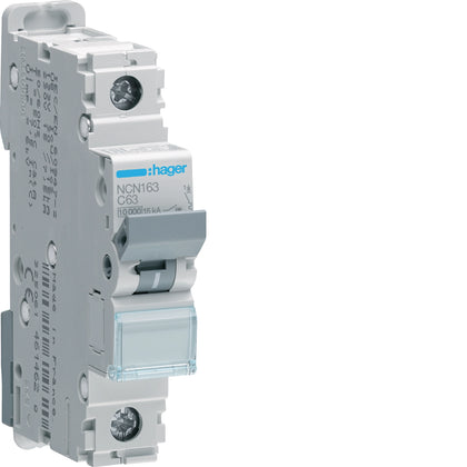Disjoncteur miniature 1P, 10 kA/15 kA C-63 A, 1M – Hager NCN163