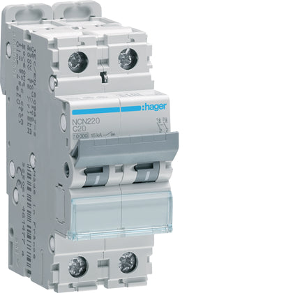 Disjoncteur miniature 2P, 10 kA/15 kA C-20 A, 2M – Hager NCN220