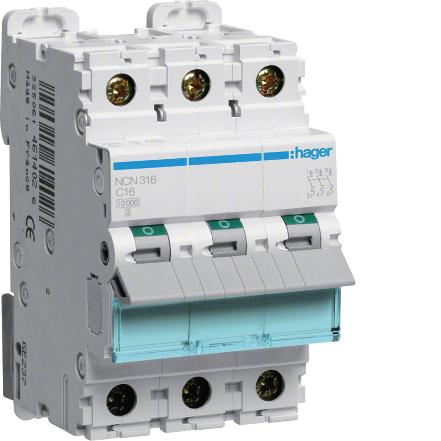 Disjoncteur miniature 3P, 10 kA/15 kA C-16 A, 3M – Hager NCN316