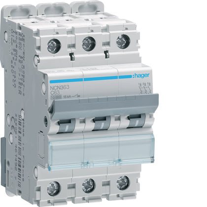 Disjoncteur miniature 3P courbe C, 63 A, 10 kA, 15 kA 3 module – Hager NCN363