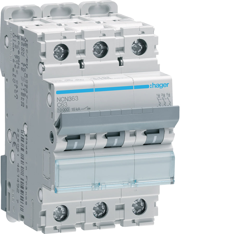 Disjoncteur miniature 3P courbe C, 63 A, 10 kA, 15 kA 3 module – Hager NCN363