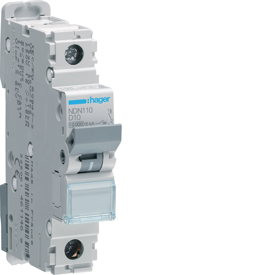 Disjoncteur miniature 1P, 10 A courbe D, 10 kA, 1M – Hager NDN110