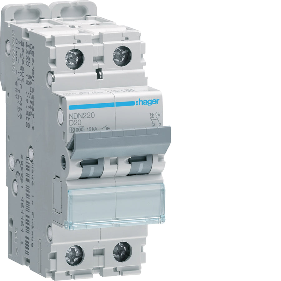 Disjoncteur miniature 2P, 20 A courbe D, 10 kA, 2M – Hager NDN220