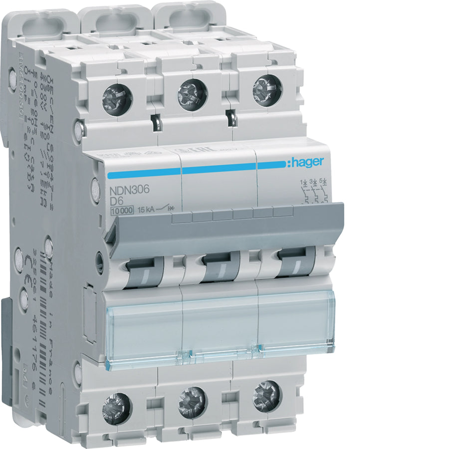 Disjoncteur miniature 3P, 6 A courbe D, 10 kA, 3M – Hager NDN306