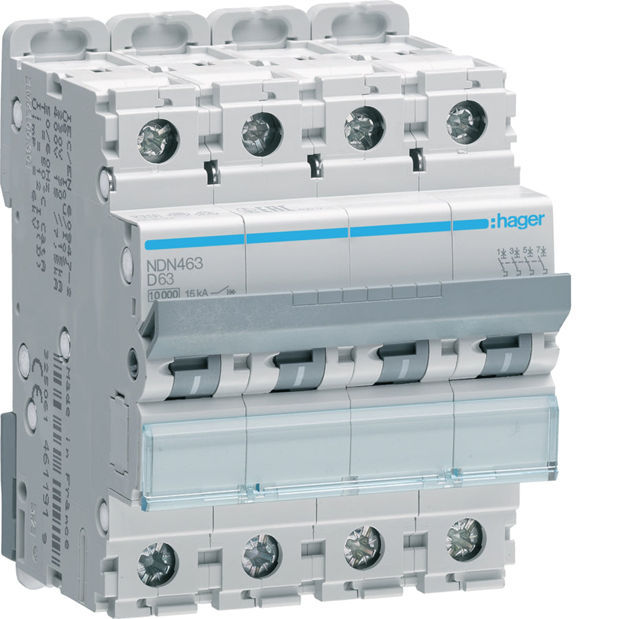 Disjoncteur miniature 4P, 63 A courbe D, 10 kA, 4M – Hager NDN463