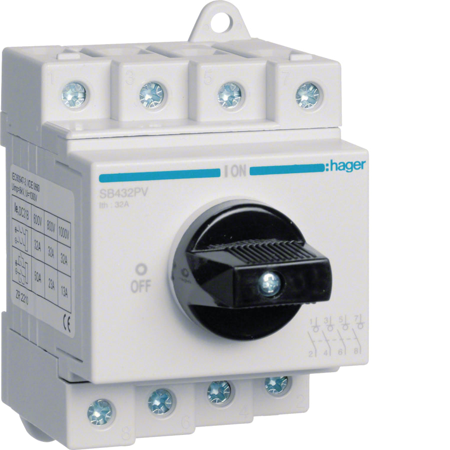 Interrupteur DC 4P 1000 V 32 A 3,50 modules – Hager SB432PV