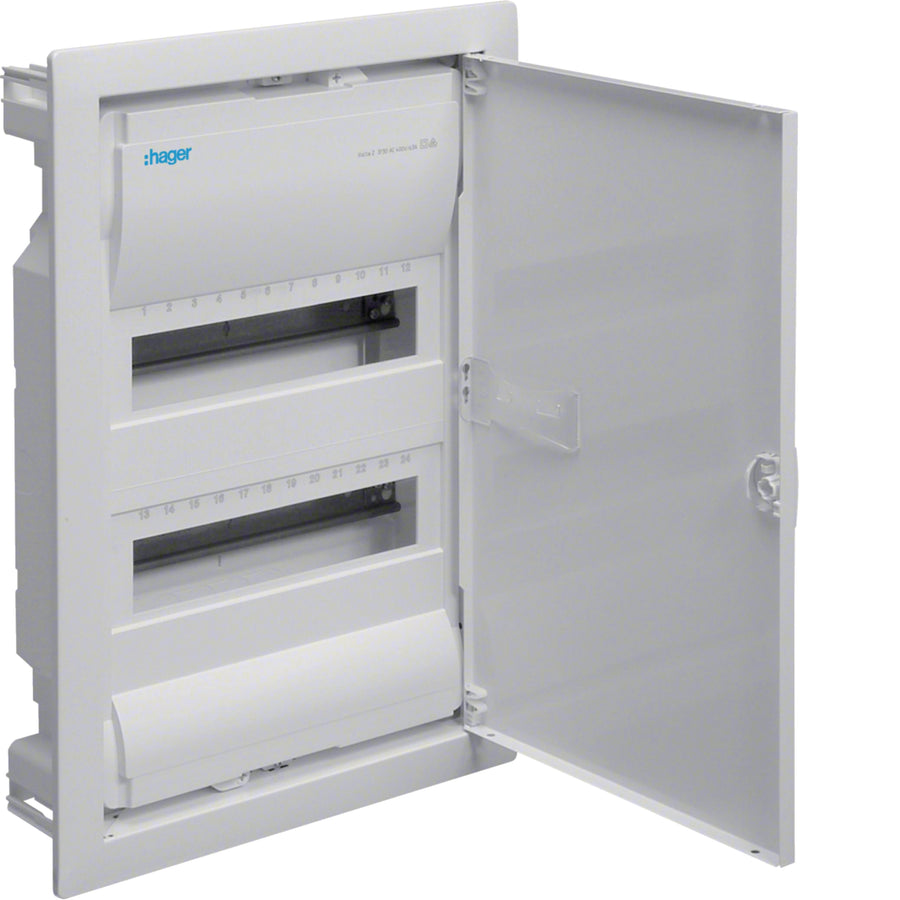 Petit tableau de distribution Volta encastré 2x12 PLE, IP30, classe de protection II, tôle d’acier porte – Hager VU24NC