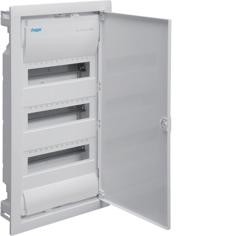 Petit tableau de distribution Volta encastré 3x12 PLE, IP30, classe de protection II, tôle d’acier porte – Hager VU36NC