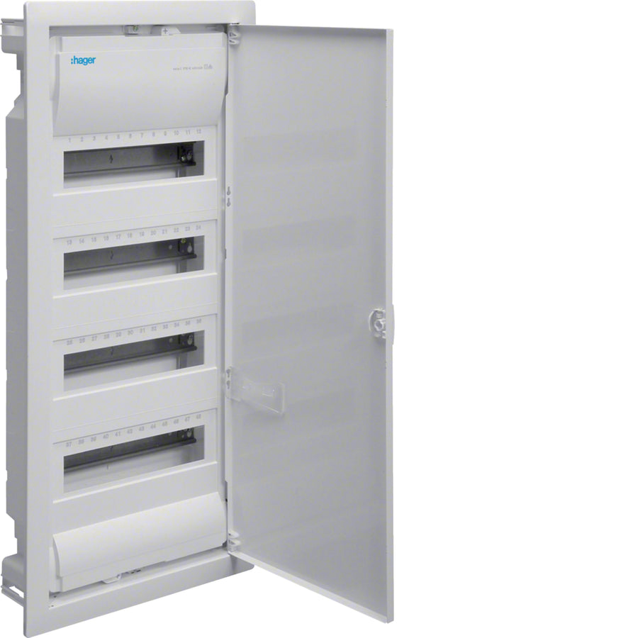 Petit tableau de distribution Volta encastré 4x12 PLE, IP30, classe de protection II, tôle d’acier porte – Hager VU48NC