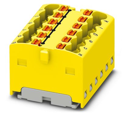 Bloc de distribution PTFIX 12X1.5 YE, 17.5A, jaune, raccordement Push-in, pour encliquetage sur un adaptateur de rail DIN, montage direct avec bride, suspendu librement – Phoenix Contact 3002769 – lot de 20