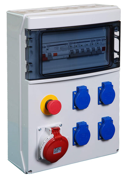 Coffret de chantier tétrapolaire IP44 4 prises 16A + 1 prise 3P+N+T 16A et arrêt d'urgence