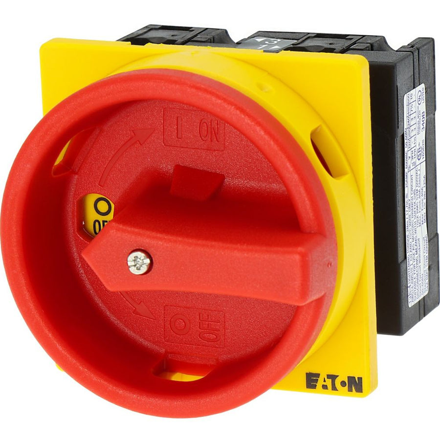 Interrupteur principal T3 32 A encastré 2 pôles, coupure d'urgence, poignée rouge et collerette jaune, cadenassable – EATON 014374