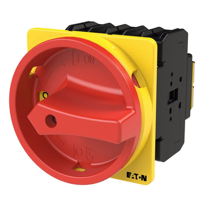 Interrupteur principal P3 100 A encastré 3 pôles, coupure d'urgence, poignée rouge et collerette jaune, cadenassable en position 0 – EATON 074320