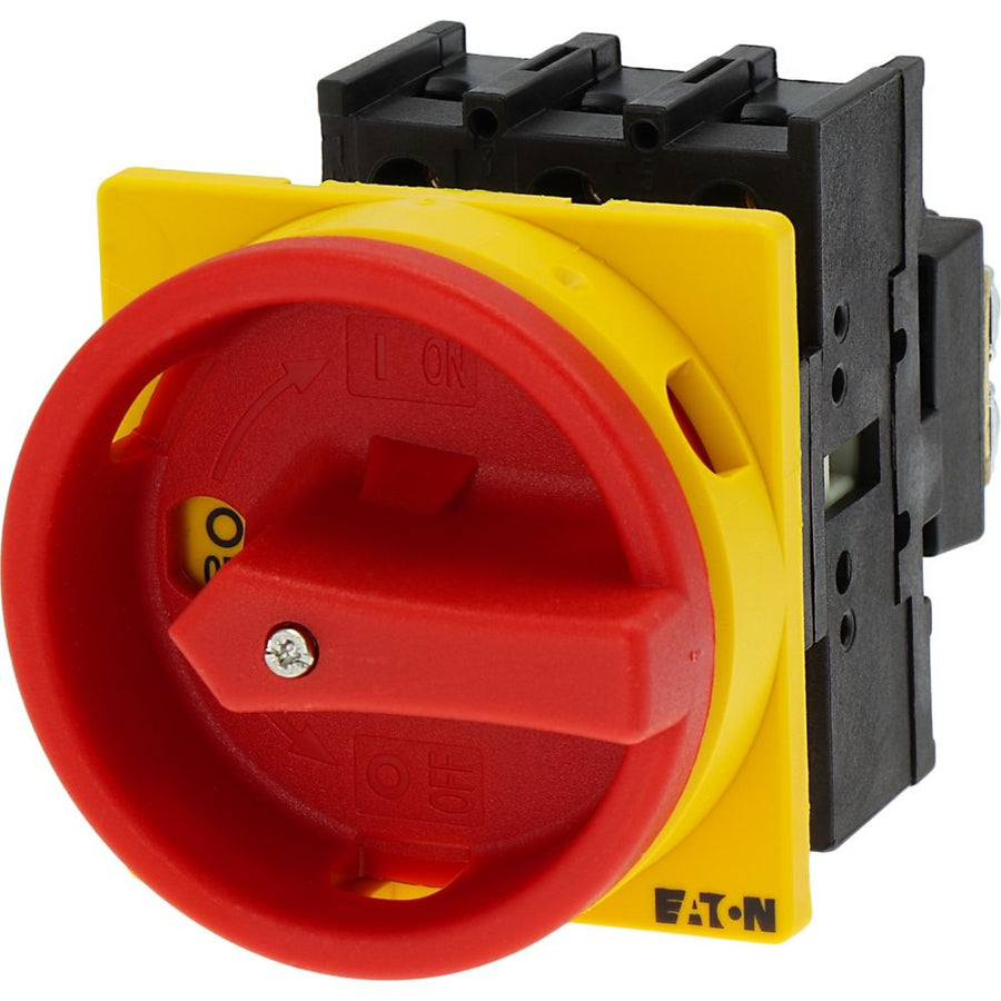 Interrupteur principal P1 32 A encastré 3 pôles, coupure d'urgence, poignée rouge et collerette jaune, cadenassable en position 0 – EATON 081438