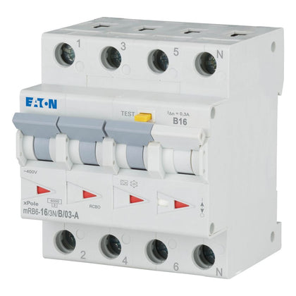 Disjoncteur différentiel 16 A, 300 mA, courbe B, 3p+N, type A – EATON 120656