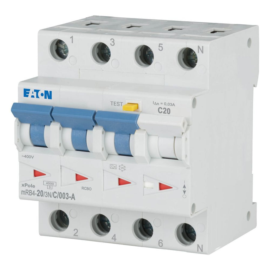 Disjoncteur différentiel 20 A, 30 mA, courbe C, 3p+N, type A – EATON 120677