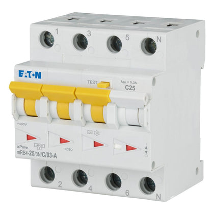 Disjoncteur différentiel 25 A, 300 mA, courbe C, 3p+N, type A – EATON 120682