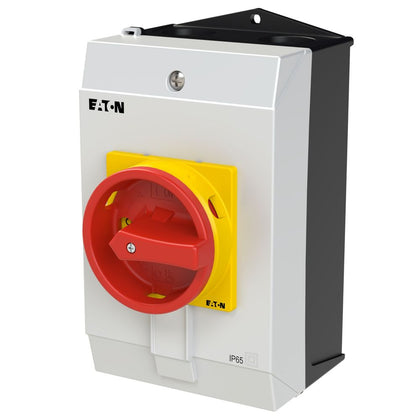 Interrupteur principal P1 32 A en saillie 3P+N, coupure d'urgence, poignée rouge et collerette jaune, cadenassable en position 0 – EATON 207319