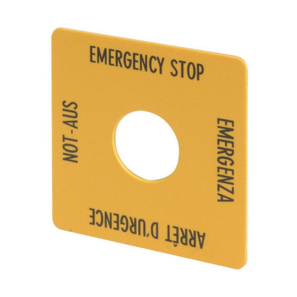 Label, emergency switching off, jaune, HxW=50x50mm, 4 languages, DE, EN, FR, IT – EATON 216484 – lot de 10