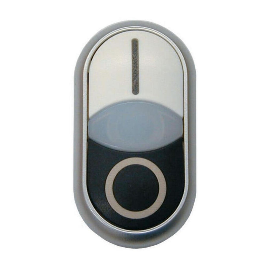 Double actuator bouton-poussoir, RMQ-Titan, Actuators et indicator lights non-flush, à impulsion, blanc lens, blanc, noir, inscribed, collerette titane – EATON 216706