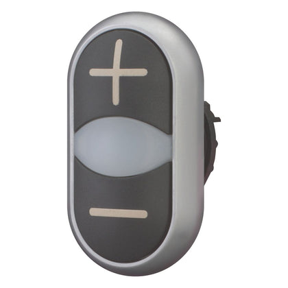 Double actuator bouton-poussoir, RMQ-Titan, Actuators et indicator lights non-flush, à impulsion, blanc lens, noir, noir, inscribed, collerette titane – EATON 218145