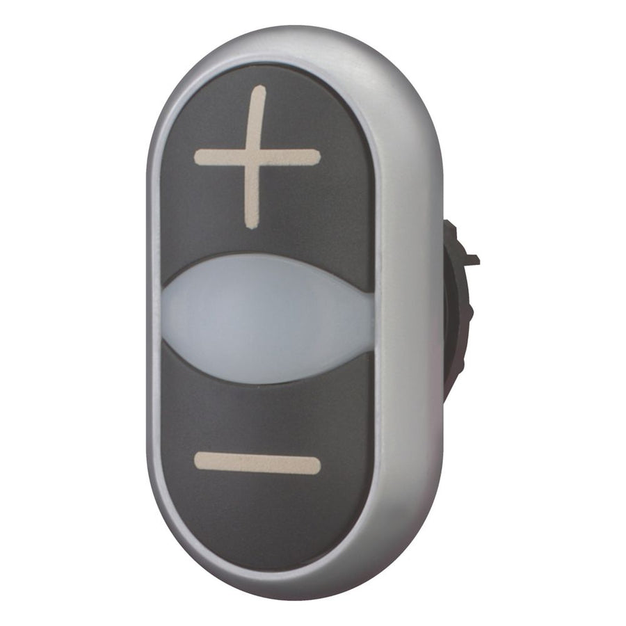 Double actuator bouton-poussoir, RMQ-Titan, Actuators et indicator lights non-flush, à impulsion, blanc lens, noir, noir, inscribed, collerette titane – EATON 218145
