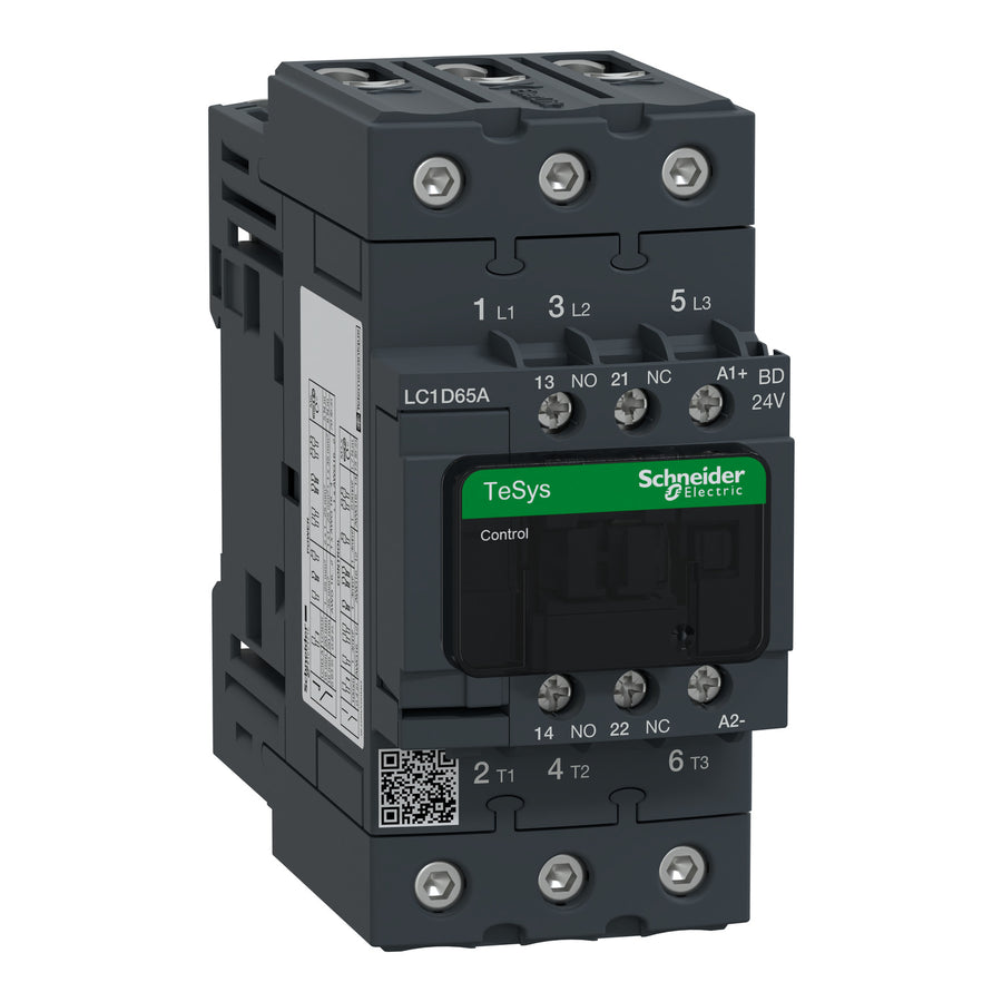Contacteur TeSys Deca, 3P, 65 A, 440 V, 3NO, IP20, 24 V DC, plaque – Schneider Electric LC1D65ABD