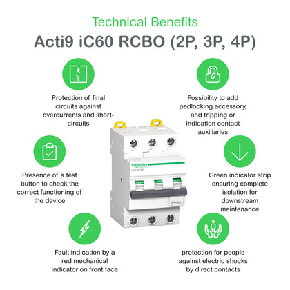 Disjoncteur différentiel Acti9 iC60 RCBO, 3P, 16A, 10kA, C courbe, 220–240V AC – Schneider Electric A9D17316