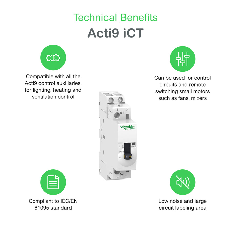 Contacteur Acti9 iCT, 25 A, 230–240 V, 2NO, IP20, à distance et manuel commande – Schneider Electric A9C21732