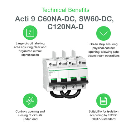 Disjoncteur miniature Acti9 C60NA-DC C120NA-DC, 2P, 100 A, 1000 V – Schneider Electric A9N61701
