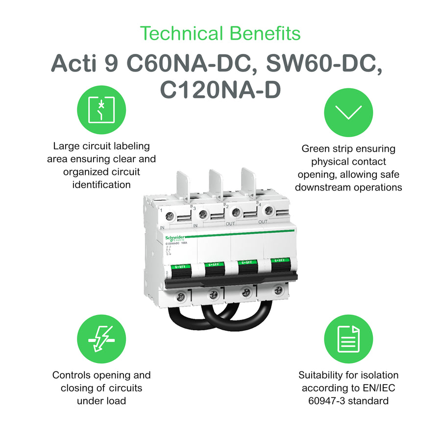 Disjoncteur miniature Acti9 C60NA-DC C120NA-DC, 2P, 100 A, 1000 V – Schneider Electric A9N61701