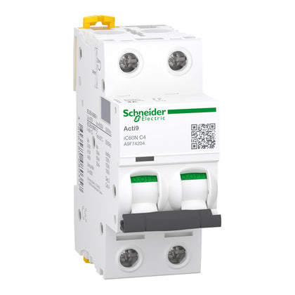 Disjoncteur miniature Acti9 IC60N, 2P, 4 A, 6 kA, courbe C, 12–133 V AC – Schneider Electric A9F74204