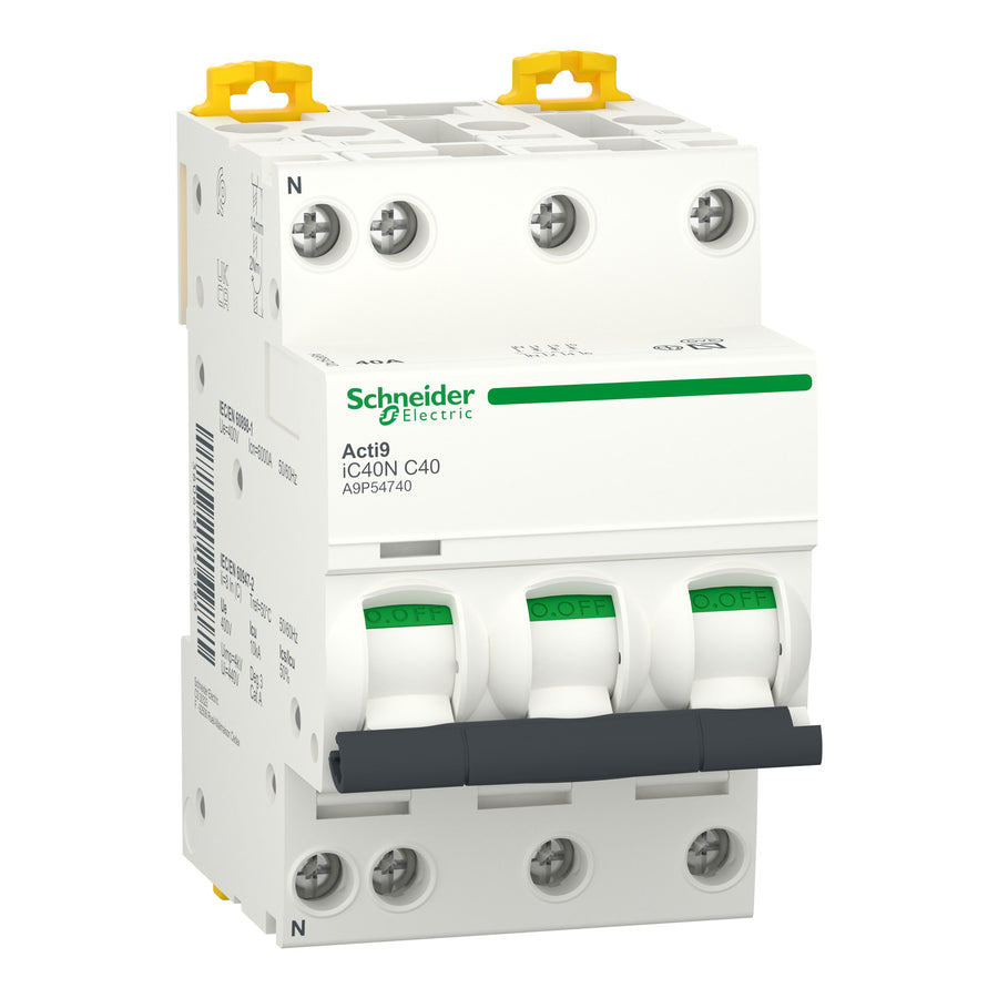 Disjoncteur miniature Acti9 iC40N, 40 A, 3P+N, courbe C, 6 kA – Schneider Electric A9P54740