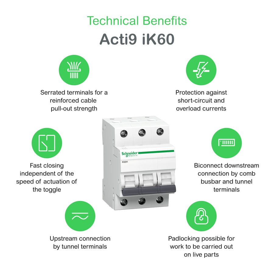 Disjoncteur modulaire Acti9 Lite K60N, 3P, 20A, 6kA, C courbe – Schneider Electric A9K02320