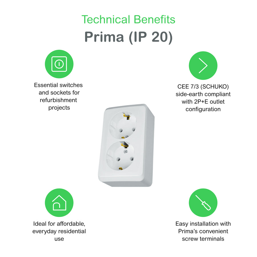 Prise de courant Prima (IP 20), 16A, blanc, PRIMA - double -sortie avec latéral terre – Schneider Electric WDE001048