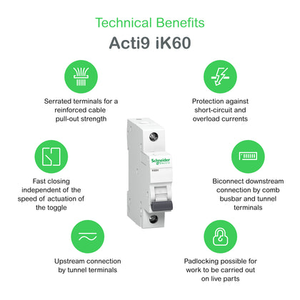 Disjoncteur modulaire Acti9 Lite K60N, 1P, 10A, 6kA, C courbe – Schneider Electric A9K02110 – lot de 12