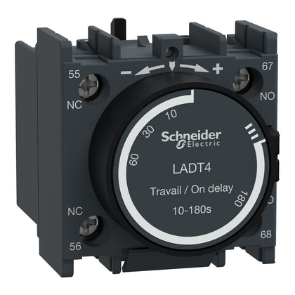 Temps temporisation bloc de contacts auxiliaires TeSys Deca, 1NO, bornes à vis, IP20, gris foncé, sur-temporisation, temps temporisation plage: 10–180s – Schneider Electric LADT4
