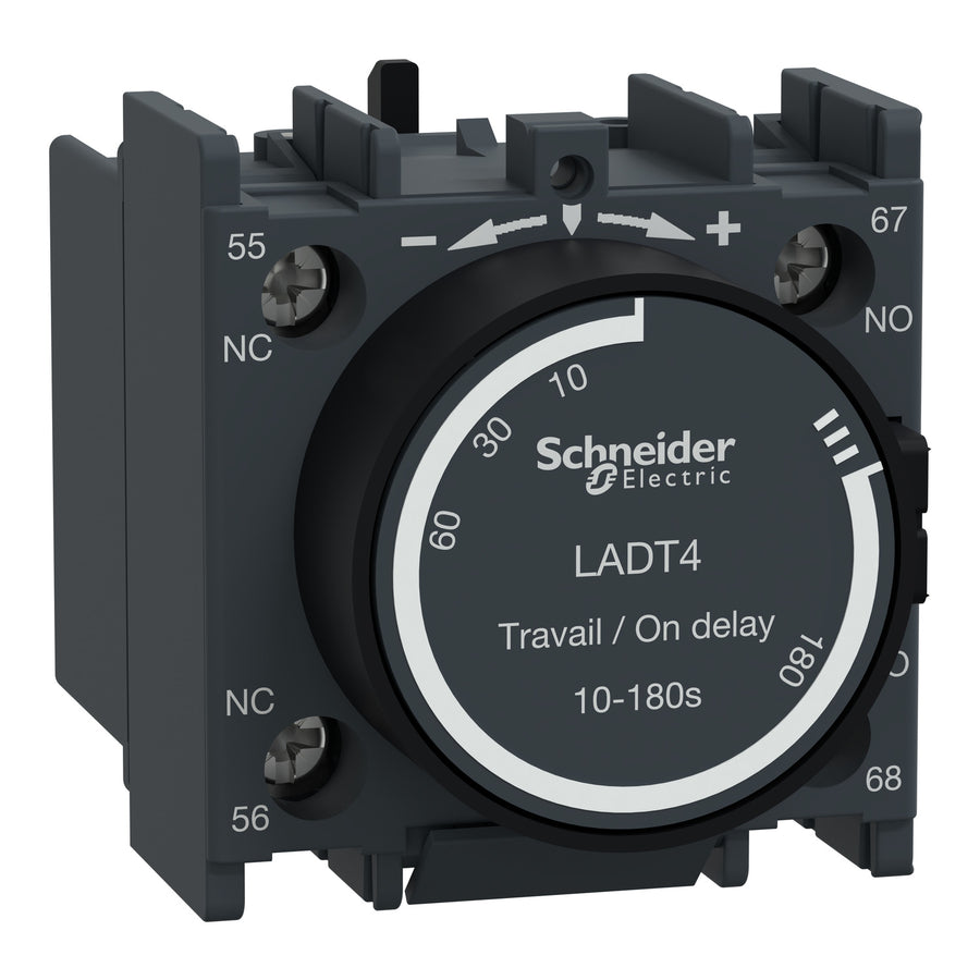 Temps temporisation bloc de contacts auxiliaires TeSys Deca, 1NO, bornes à vis, IP20, gris foncé, sur-temporisation, temps temporisation plage: 10–180s – Schneider Electric LADT4