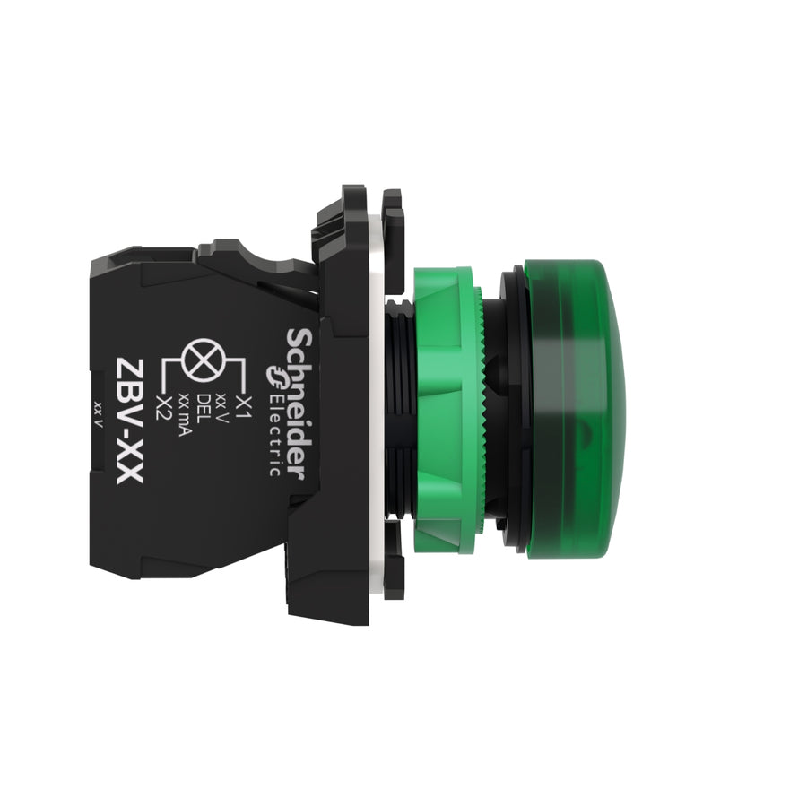 Voyant lumineux Harmony XB5, 24V AC, 22.5mm, gris, IP66, vert, hauteur: 42mm – Schneider Electric XB5AVB3