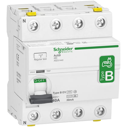 Interrupteur différentiel Acti9 iID, 4P, 40 A, 400 V AC, 30mA, électrique Vehicle chargeur – Schneider Electric A9Z51440
