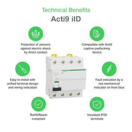 Interrupteur différentiel Acti9 iIDK RCCB, 4P, 40A, Iid - RCCB - 30mA - type AC – Schneider Electric A9R41440